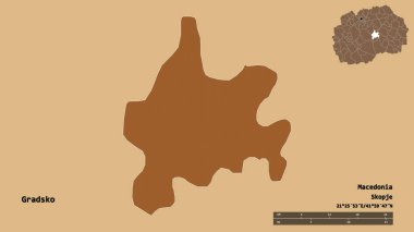 Makedonya Belediyesi Gradsko 'nun başkenti sağlam bir zemin üzerinde izole edilmiş durumda. Uzaklık ölçeği, bölge önizlemesi ve etiketleri. Düzenli desenli dokuların bileşimi. 3B görüntüleme