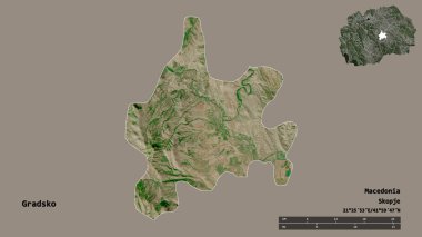 Makedonya Belediyesi Gradsko 'nun başkenti sağlam bir zemin üzerinde izole edilmiş durumda. Uzaklık ölçeği, bölge önizlemesi ve etiketleri. Uydu görüntüleri. 3B görüntüleme