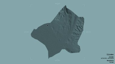 Makedonya 'nın Ilinden belediyesi, jeoreferatlı bir sınır kutusunun sağlam bir arka planında izole edilmiş durumda. Etiketler. Renkli yükseklik haritası. 3B görüntüleme