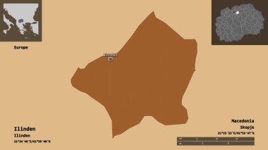 Makedonya Belediyesi Ilinden ve başkenti. Uzaklık ölçeği, ön gösterimler ve etiketler. Düzenli desenli dokuların bileşimi. 3B görüntüleme