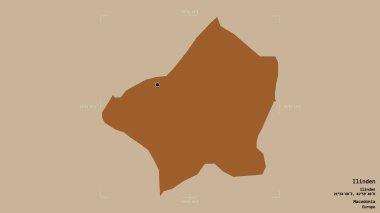 Makedonya 'nın Ilinden belediyesi, jeoreferatlı bir sınır kutusunun sağlam bir arka planında izole edilmiş durumda. Etiketler. Desenli dokuların bileşimi. 3B görüntüleme