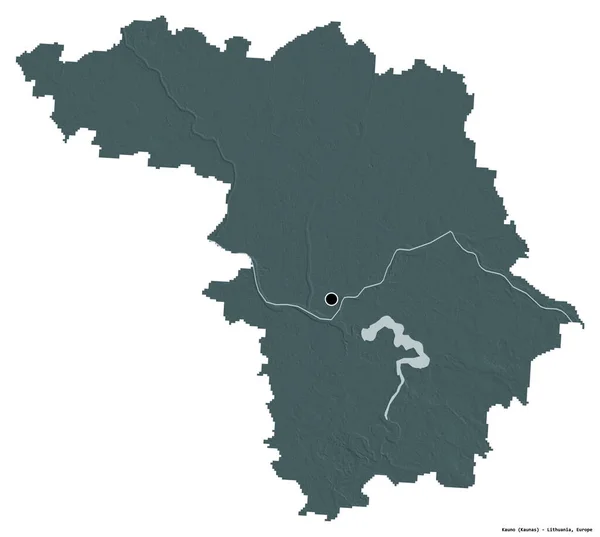 リトアニアのカウノ県の形で 首都は白い背景に孤立しています 色の標高マップ 3Dレンダリング — ストック写真