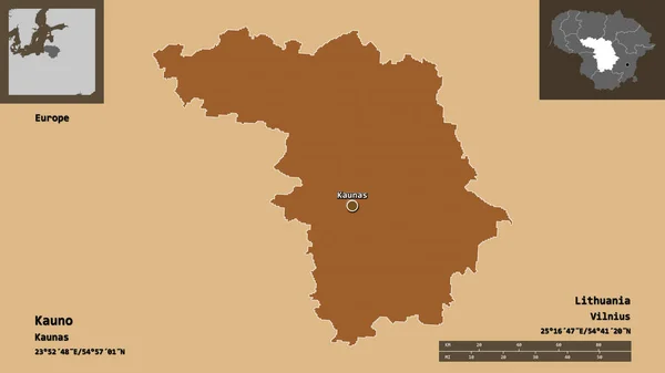 立陶宛Kauno县的形状及其首府 距离刻度 预览和标签 图形纹理的组成 3D渲染 — 图库照片