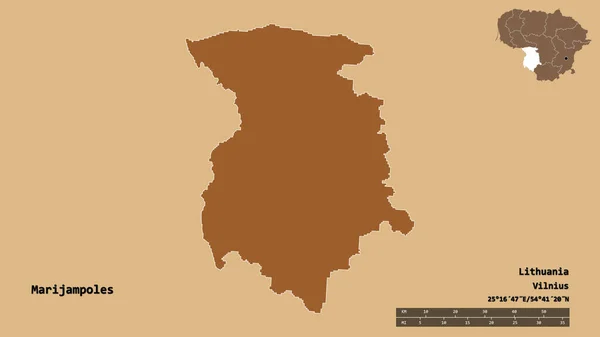 立陶宛县Marijampoles的形状 其首都以坚实的背景隔离 距离尺度 区域预览和标签 图形纹理的组成 3D渲染 — 图库照片