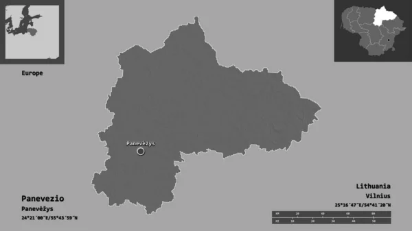パネヴェツィオの形 リトアニアの郡とその首都 距離スケール プレビューおよびラベル 標高マップ 3Dレンダリング — ストック写真