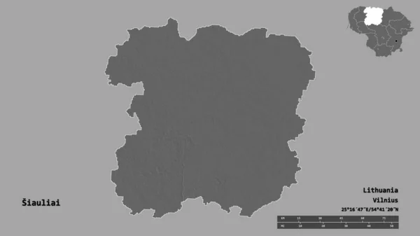 立陶宛Siauliai县的形状 其首都在坚实的背景下与世隔绝 距离尺度 区域预览和标签 Bilevel高程图 3D渲染 — 图库照片