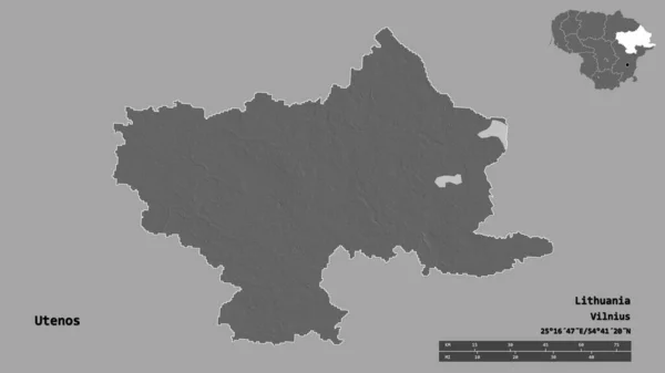 立陶宛Utenos县的形状 其首都在坚实的背景下与世隔绝 距离尺度 区域预览和标签 Bilevel高程图 3D渲染 — 图库照片