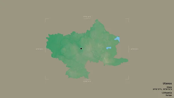 Area of Utenos, county of Lithuania, isolated on a solid background in a georeferenced bounding box. Labels. Topographic relief map. 3D rendering