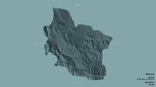 マケドニアの自治体であるベロヴォ 英語版 の地域は 洗練された境界の箱の中にしっかりとした背景に隔離されている ラベル 色の標高マップ 3Dレンダリング — ストック写真