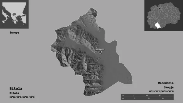 ビトラの形 マケドニアの自治体 その首都 距離スケール プレビューおよびラベル 標高マップ 3Dレンダリング — ストック写真