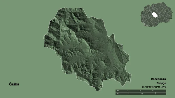 马其顿市卡斯卡的形状 其首都在坚实的背景下与世隔绝 距离尺度 区域预览和标签 彩色高程图 3D渲染 — 图库照片