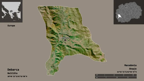 马其顿市Debarca的形状及其首都 距离刻度 预览和标签 卫星图像 3D渲染 — 图库照片