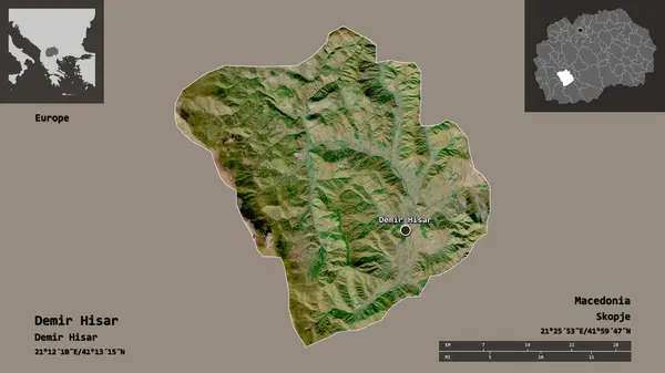 デミール ヒサール マケドニアの自治体 およびその首都の形 距離スケール プレビューおよびラベル 衛星画像 3Dレンダリング — ストック写真