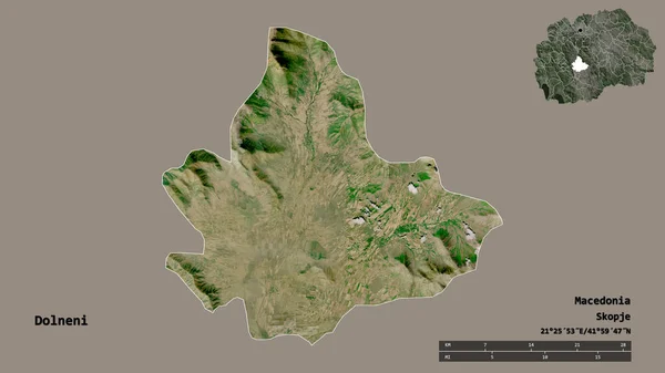 多尔涅尼的形状 马其顿市 其首都孤立的坚实的背景 距离尺度 区域预览和标签 卫星图像 3D渲染 — 图库照片