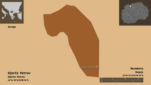 ジョルチェ ペトロフ マケドニアの自治体 およびその首都の形 距離スケール プレビューおよびラベル 規則的にパターン化されたテクスチャの構成 3Dレンダリング — ストック写真