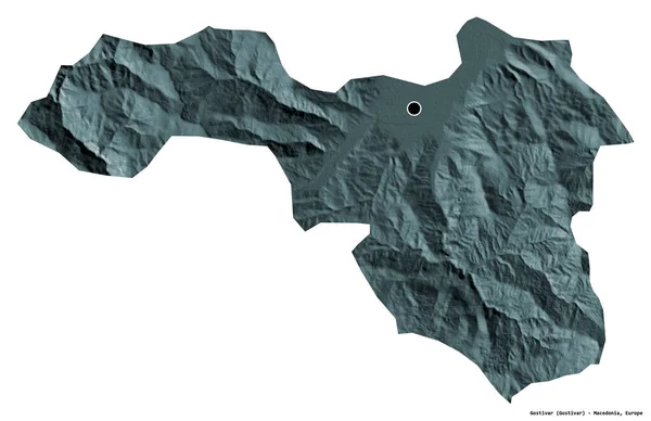 马其顿市戈斯蒂瓦尔的形状 其首都因白人背景而孤立 彩色高程图 3D渲染 — 图库照片