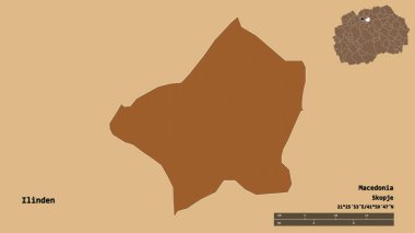 Makedonya 'nın Ilinden belediyesi, başkenti sağlam bir zemin üzerinde izole edilmiş durumda. Uzaklık ölçeği, bölge önizlemesi ve etiketleri. Düzenli desenli dokuların bileşimi. 3B görüntüleme