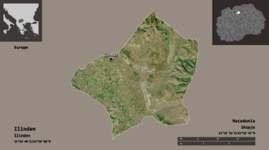 Makedonya Belediyesi Ilinden ve başkenti. Uzaklık ölçeği, ön gösterimler ve etiketler. Uydu görüntüleri. 3B görüntüleme