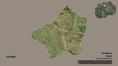 Makedonya 'nın Ilinden belediyesi, başkenti sağlam bir zemin üzerinde izole edilmiş durumda. Uzaklık ölçeği, bölge önizlemesi ve etiketleri. Uydu görüntüleri. 3B görüntüleme