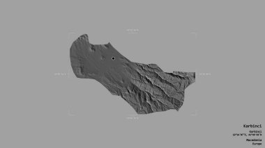 Makedonya Belediyesi Karbinci bölgesi, jeoreferatlı bir sınır kutusunda sağlam bir zemin üzerinde izole edilmiş durumda. Etiketler. Çift seviyeli yükseklik haritası. 3B görüntüleme