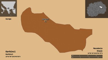 Makedonya Belediyesi Karbinci ve başkenti. Uzaklık ölçeği, ön gösterimler ve etiketler. Düzenli desenli dokuların bileşimi. 3B görüntüleme