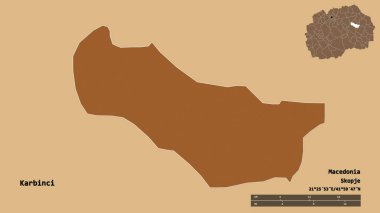 Makedonya 'nın Karbinci belediyesi, başkenti sağlam bir zemin üzerinde izole edilmiş durumda. Uzaklık ölçeği, bölge önizlemesi ve etiketleri. Düzenli desenli dokuların bileşimi. 3B görüntüleme