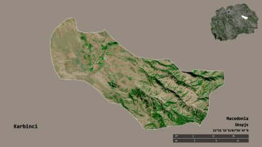 Makedonya 'nın Karbinci belediyesi, başkenti sağlam bir zemin üzerinde izole edilmiş durumda. Uzaklık ölçeği, bölge önizlemesi ve etiketleri. Uydu görüntüleri. 3B görüntüleme