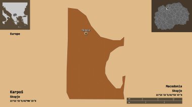 Makedonya Belediyesi Karpos ve başkenti. Uzaklık ölçeği, ön gösterimler ve etiketler. Düzenli desenli dokuların bileşimi. 3B görüntüleme