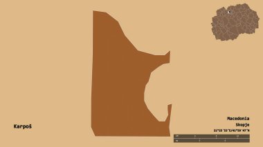 Makedonya 'nın Karpos belediyesi, başkenti sağlam bir zemin üzerinde izole edilmiş durumda. Uzaklık ölçeği, bölge önizlemesi ve etiketleri. Düzenli desenli dokuların bileşimi. 3B görüntüleme