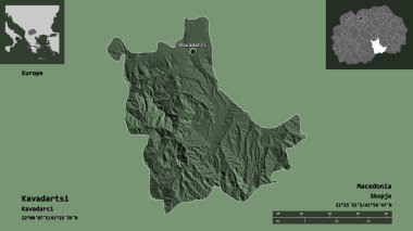 Kavadartsi 'nin şekli, Makedonya belediyesi ve başkenti. Uzaklık ölçeği, ön gösterimler ve etiketler. Renkli yükseklik haritası. 3B görüntüleme