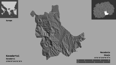 Kavadartsi 'nin şekli, Makedonya belediyesi ve başkenti. Uzaklık ölçeği, ön gösterimler ve etiketler. Çift seviyeli yükseklik haritası. 3B görüntüleme