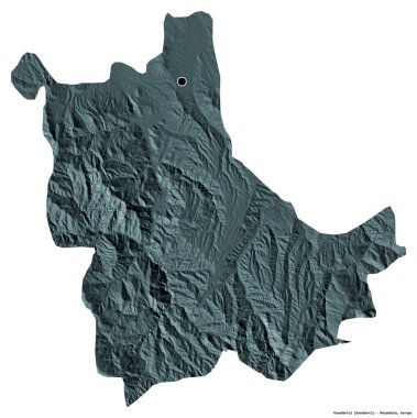 Makedonya 'nın Kavadartsi belediyesi, başkenti beyaz arka planda izole edilmiş durumda. Renkli yükseklik haritası. 3B görüntüleme