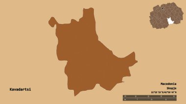 Makedonya 'nın Kavadartsi belediyesi, başkenti sağlam bir zemin üzerinde izole edilmiş durumda. Uzaklık ölçeği, bölge önizlemesi ve etiketleri. Düzenli desenli dokuların bileşimi. 3B görüntüleme