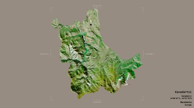 Makedonya Belediyesi Kavadartsi bölgesi, jeoreferatlı bir sınır kutusunda sağlam bir zemin üzerinde izole edilmiş durumda. Etiketler. Uydu görüntüleri. 3B görüntüleme