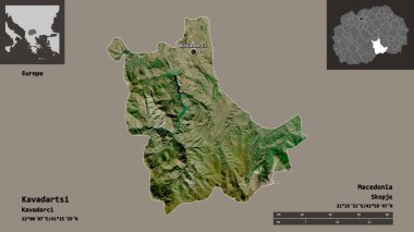 Kavadartsi 'nin şekli, Makedonya belediyesi ve başkenti. Uzaklık ölçeği, ön gösterimler ve etiketler. Uydu görüntüleri. 3B görüntüleme
