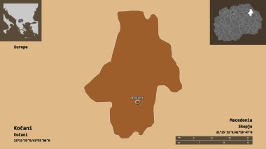 Makedonya Belediyesi Kocani ve başkenti. Uzaklık ölçeği, ön gösterimler ve etiketler. Düzenli desenli dokuların bileşimi. 3B görüntüleme