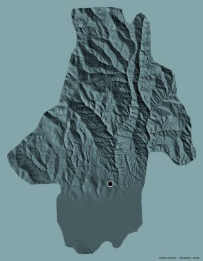 Makedonya 'nın Kocani belediyesi, başkenti katı bir renk zeminine sahip. Renkli yükseklik haritası. 3B görüntüleme