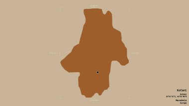 Makedonya 'nın Kocani belediyesi, jeoreferatlı bir sınır kutusunun sağlam bir arka planında izole edilmiş durumda. Etiketler. Desenli dokuların bileşimi. 3B görüntüleme