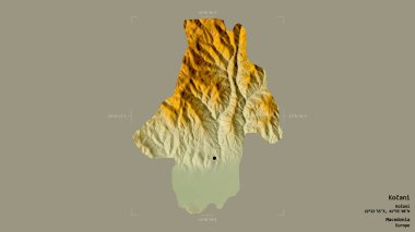 Makedonya 'nın Kocani belediyesi, jeoreferatlı bir sınır kutusunun sağlam bir arka planında izole edilmiş durumda. Etiketler. Topografik yardım haritası. 3B görüntüleme