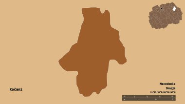 Makedonya 'nın Kocani belediyesi, başkenti sağlam bir zemin üzerinde izole edilmiş durumda. Uzaklık ölçeği, bölge önizlemesi ve etiketleri. Düzenli desenli dokuların bileşimi. 3B görüntüleme