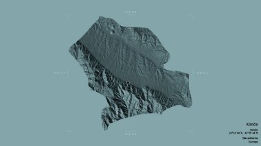 Makedonya Belediyesi Konce bölgesi, jeoreferatlı bir sınır kutusunda sağlam bir zemin üzerinde izole edilmiş durumda. Etiketler. Renkli yükseklik haritası. 3B görüntüleme