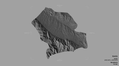 Makedonya Belediyesi Konce bölgesi, jeoreferatlı bir sınır kutusunda sağlam bir zemin üzerinde izole edilmiş durumda. Etiketler. Çift seviyeli yükseklik haritası. 3B görüntüleme