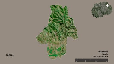 Makedonya 'nın Kocani belediyesi, başkenti sağlam bir zemin üzerinde izole edilmiş durumda. Uzaklık ölçeği, bölge önizlemesi ve etiketleri. Uydu görüntüleri. 3B görüntüleme