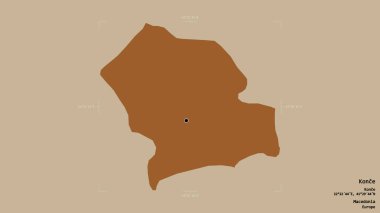 Makedonya Belediyesi Konce bölgesi, jeoreferatlı bir sınır kutusunda sağlam bir zemin üzerinde izole edilmiş durumda. Etiketler. Desenli dokuların bileşimi. 3B görüntüleme