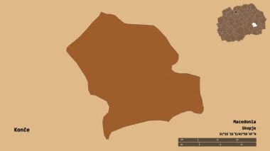 Makedonya 'nın Konce belediyesi, başkenti sağlam bir zemin üzerinde izole edilmiş durumda. Uzaklık ölçeği, bölge önizlemesi ve etiketleri. Düzenli desenli dokuların bileşimi. 3B görüntüleme