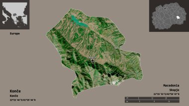 Konce 'nin şekli, Makedonya belediyesi ve başkenti. Uzaklık ölçeği, ön gösterimler ve etiketler. Uydu görüntüleri. 3B görüntüleme
