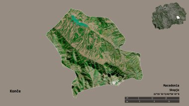 Makedonya 'nın Konce belediyesi, başkenti sağlam bir zemin üzerinde izole edilmiş durumda. Uzaklık ölçeği, bölge önizlemesi ve etiketleri. Uydu görüntüleri. 3B görüntüleme