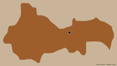 Makedonya Belediyesi 'nin Kratovo şekli, sermayesi sağlam bir renk zemininde izole edilmiş. Desenli dokuların bileşimi. 3B görüntüleme