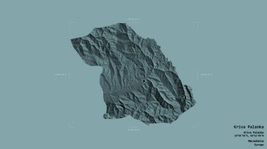 Makedonya Belediyesi Kriva Palanka bölgesi, jeoreferatlı bir sınır kutusunda sağlam bir zemin üzerinde izole edilmiş durumda. Etiketler. Renkli yükseklik haritası. 3B görüntüleme