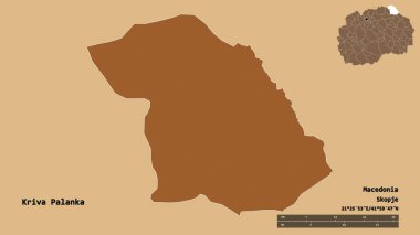 Makedonya 'nın başkenti Kriva Palanka' nın şekli, sermayesi sağlam bir zemin üzerinde izole edilmiş. Uzaklık ölçeği, bölge önizlemesi ve etiketleri. Düzenli desenli dokuların bileşimi. 3B görüntüleme